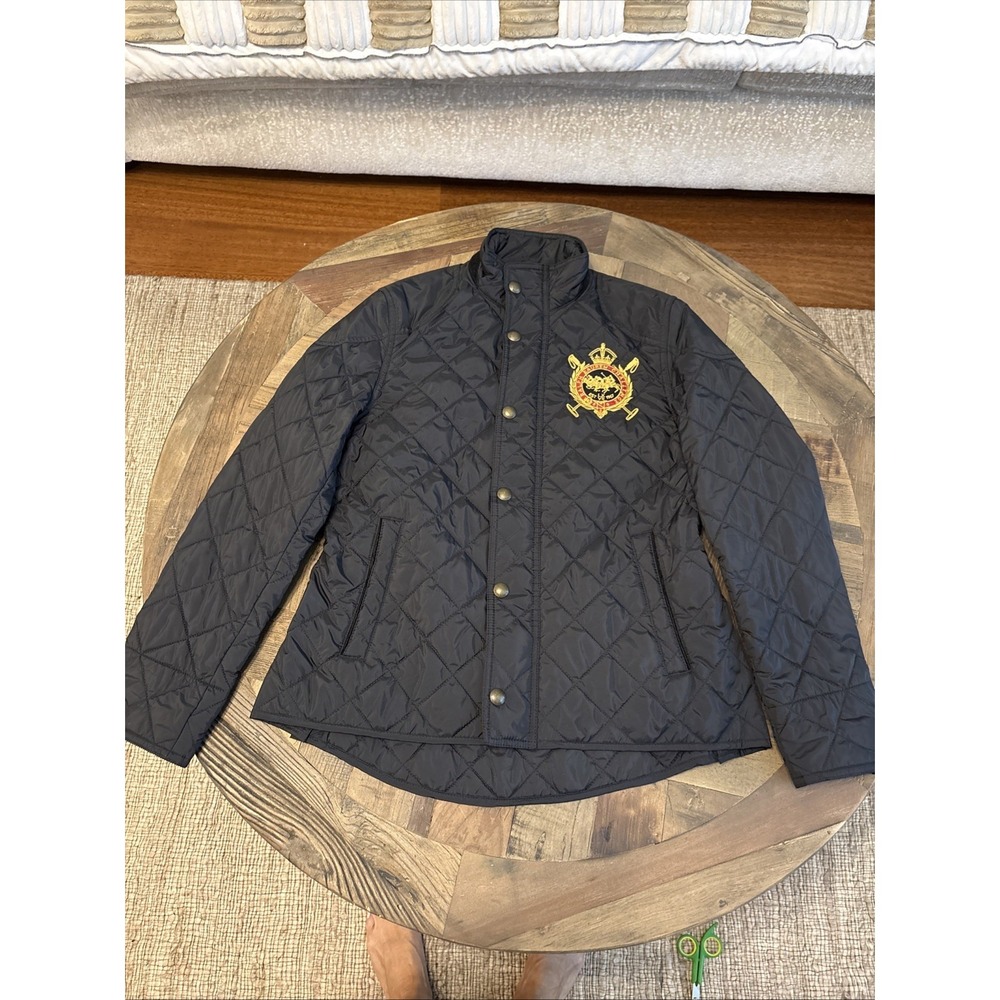 RALPH LAUREN SPORT Black Diamond Quilted Crest  Logo Riding Jacket Coat Medium